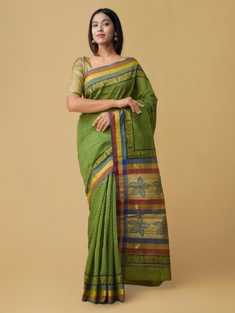 

Unnati Silks Green Silk Cotton Printed Handloom Maheshwari Saree