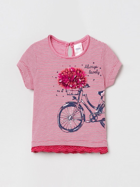 

max Girls Pink Striped Round Neck T-shirt