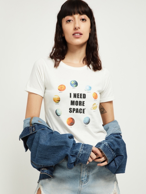 

max Women Off-White Printed Round Neck T-shirt