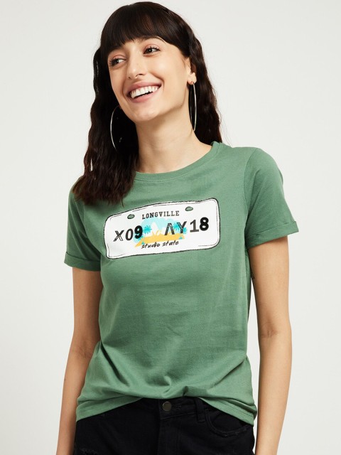 

max Women Green Printed Round Neck T-shirt