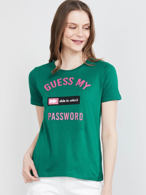 

max Women Green & Pink Printed Round Neck T-shirt