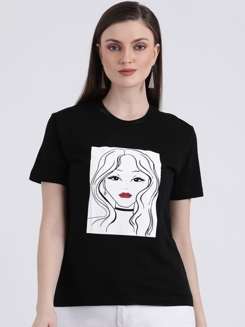 

Zink London Women Black Printed Round Neck Pure Cotton T-shirt
