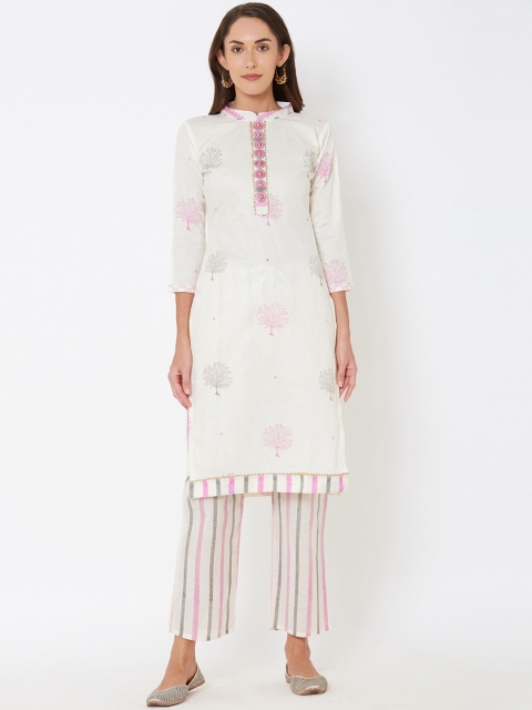 

Satrani Off-White & Pink Pure Cotton Unstitched Dress Material