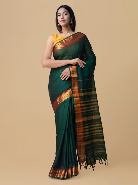 

Unnati Silks Green Pure Cotton Solid Narayan Peth Saree