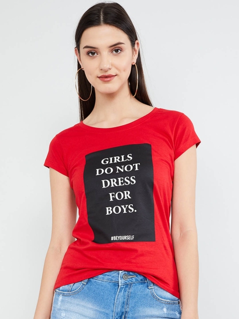 

max Women Red & Black Printed Round Neck T-shirt