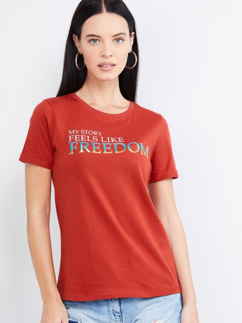 

max Women Rust Orange Printed Round Neck T-shirt