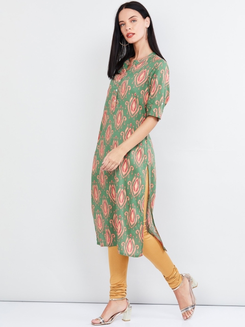 

max Women Green Printed Straight Kurta