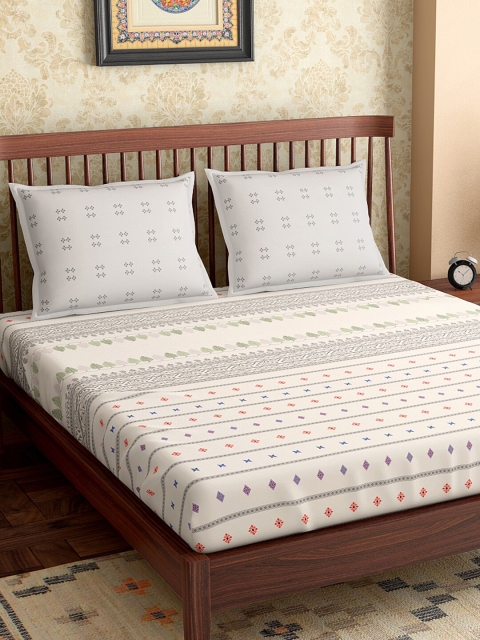 

PETAL HOME Off-White Abstract 300 TC Cotton 1 Queen Bedsheet with 2 Pillow Covers