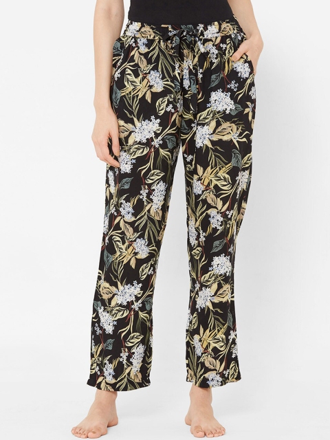 Mystere Paris Women Black & Yellow Floral Printed Lounge Pants