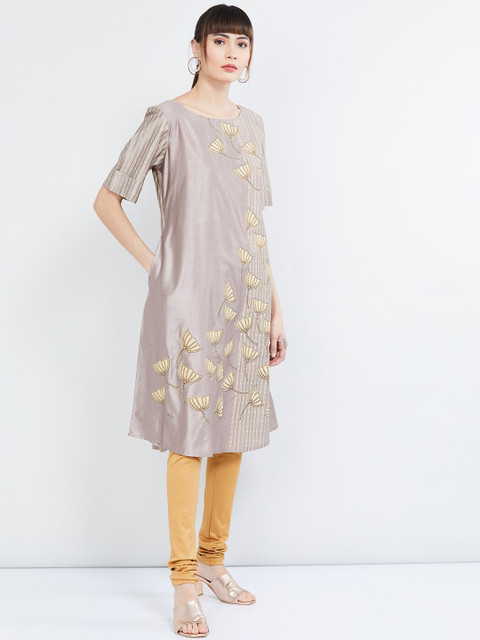 

max Women Brown Embroidered A-Line Kurta