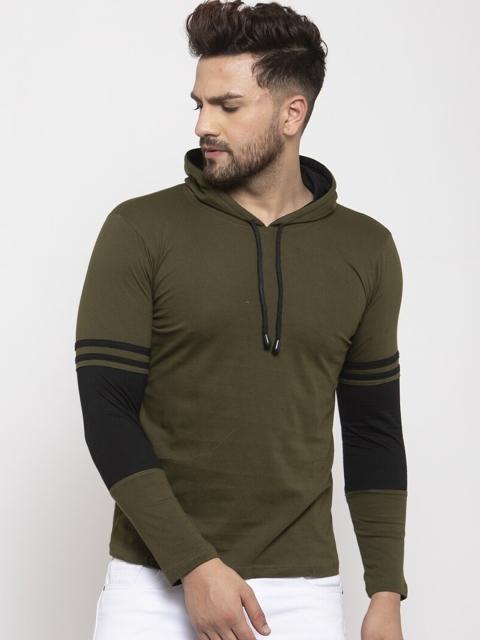 

KATSO Men Olive Green Solid Hooded Slim Fit T-shirt