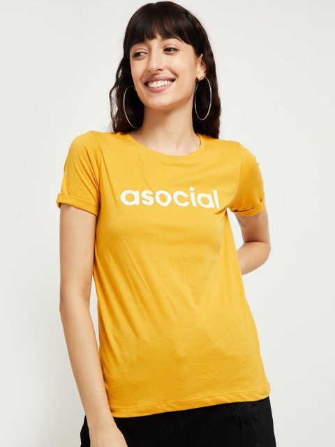

max Women Yellow Printed Round Neck Pure Cotton T-shirt