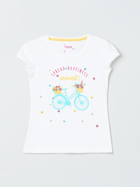 

max Girls White Printed Round Neck T-shirt