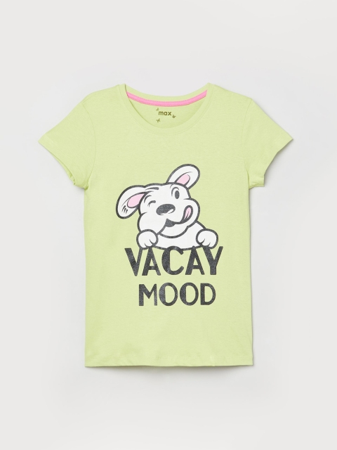 

max Girls Green & White Printed Round Neck T-shirt