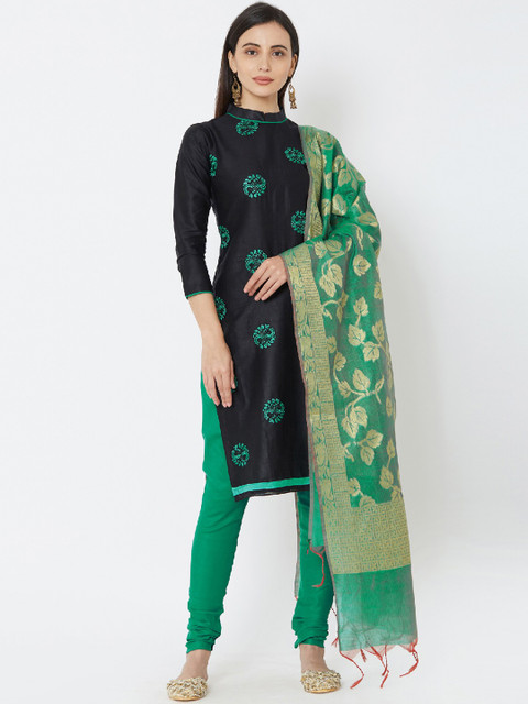 

Satrani Black & Green Pure Cotton Unstitched Dress Material