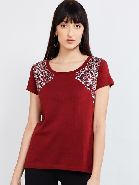

max Women Maroon Solid Round Neck T-shirt