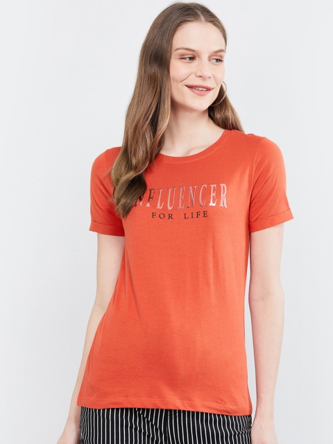 

max Women Orange Printed Round Neck T-shirt