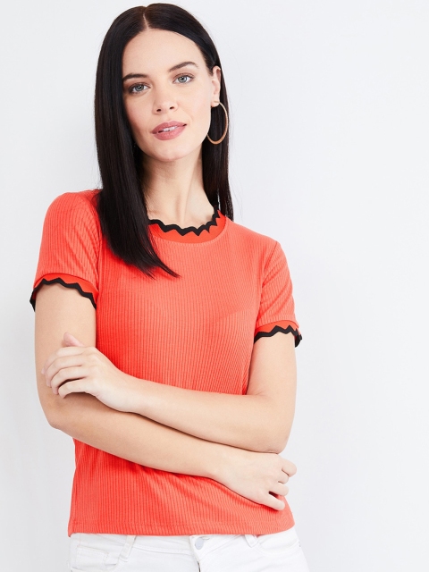 

max Women Orange Solid Round Neck T-shirt