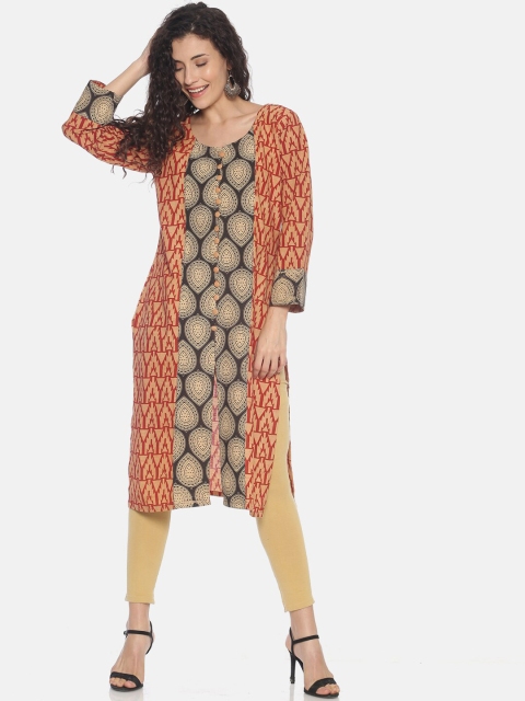 

Resha Women Beige & Black Printed A-Line Kurta