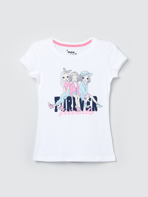 

max Girls White Printed Round Neck T-shirt