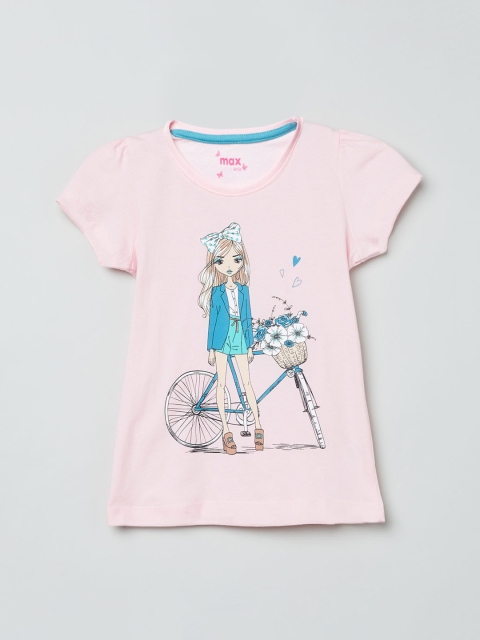 

max Girls Pink & Blue Printed Round Neck T-shirt
