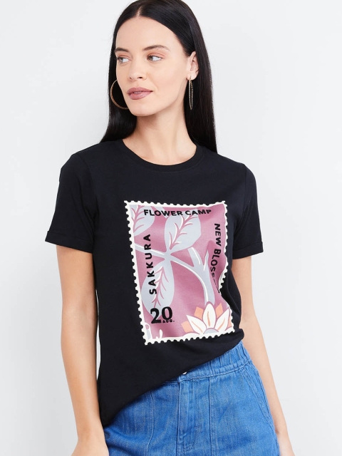 

max Women Black Printed Round Neck T-shirt