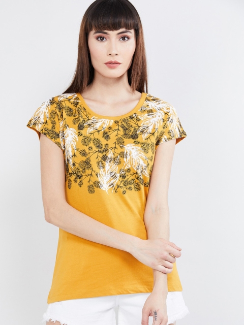 max Women Yellow Printed Round Neck T-shirt