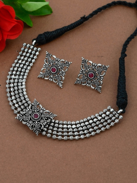 

Silvermerc Designs Silver-Plated & Red Stone Studded Oxidised Jewellery Set