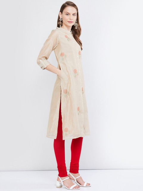 

max Women Beige Embroidered Straight Kurta