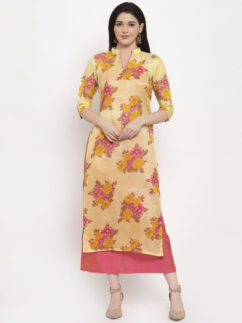

DUGRI BE THE ONE Women Yellow & Pink Floral Printed Kurta with Palazzos