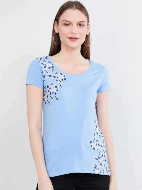 

max Women Blue Printed Round Neck T-shirt