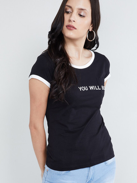 

max Women Black Printed Round Neck T-shirt