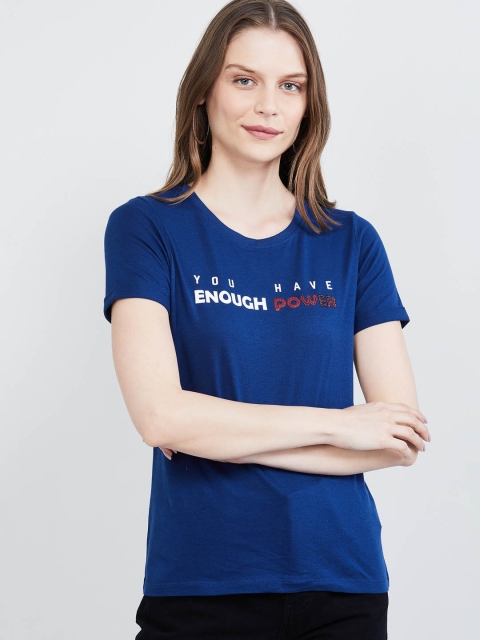 

max Women Blue & White Printed Round Neck T-shirt