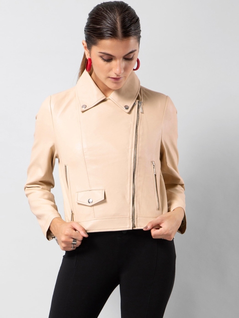 

FabAlley Women Cream-Coloured Solid Lightweight Biker Jacket