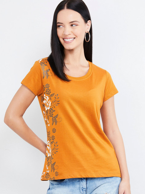 

max Women Orange Printed V-Neck T-shirt