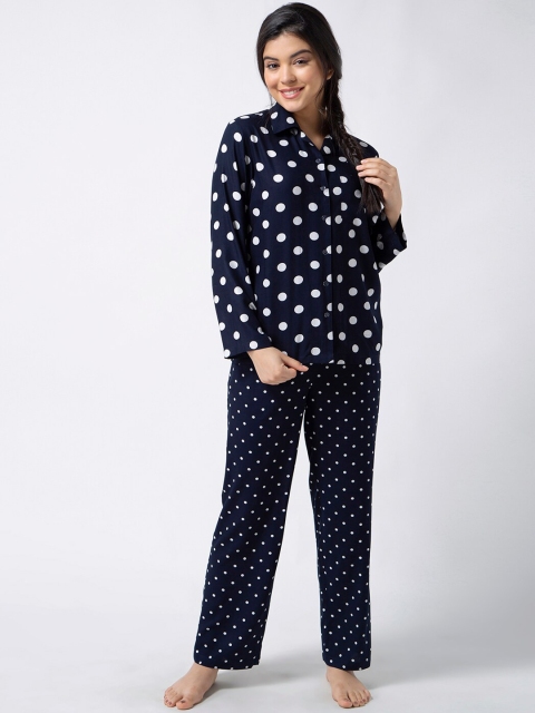 

ADORENITE Women Navy Blue & White Printed Night suit