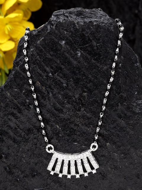 

Clara 925 Sterling Silver Rhodium-Plated Black & White Zirconia-Studded Beaded Mangalsutra
