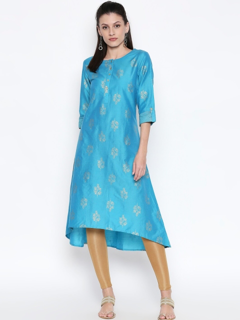 

RANGMANCH BY PANTALOONS Women Blue & Gold-Toned Woven Design A-Line Kurta