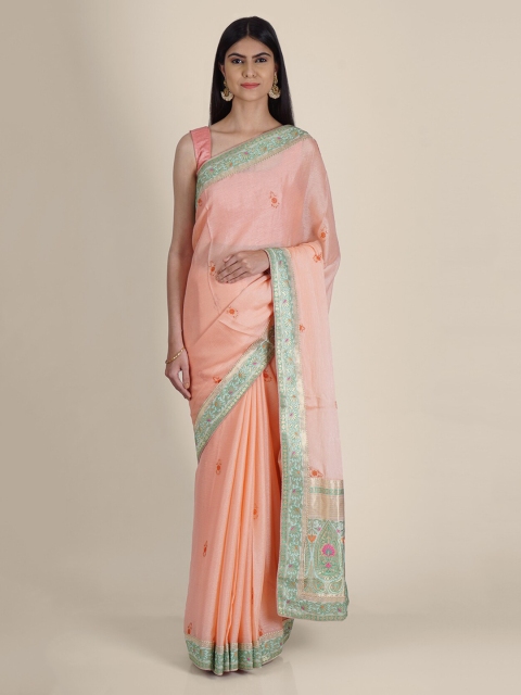 

Hastakala Peach-Coloured & Green Poly Georgette Woven Design Handloom Saree