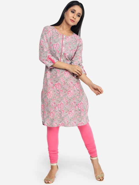 

Paislei Women Grey & Pink Hand Block Printed Straight Kurta