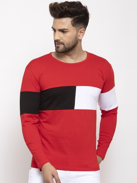 

KATSO Men Red & White Colourblocked Slim Fit Round Neck T-shirt
