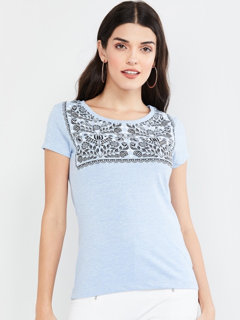 

max Women Blue Printed Round Neck T-shirt