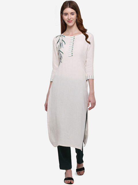 

Kvsfab Women Off-White & Green Embroidered Kurta with Trousers
