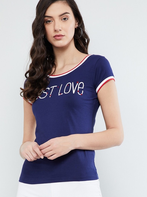 

max Women Blue Printed Round Neck T-shirt