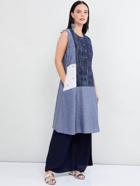 

max Women Blue & White Colourblocked A-Line Kurta