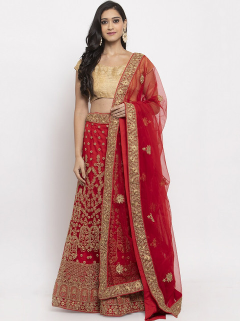 

PACHE Red & Gold-Toned Embellished Semi-Stitched Lehenga & Unstitched Blouse with Dupatta