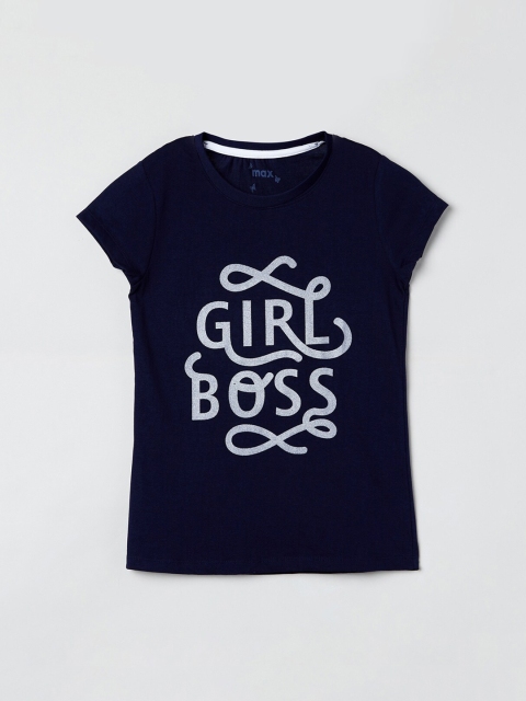 

max Girls Navy Blue Printed Round Neck T-shirt