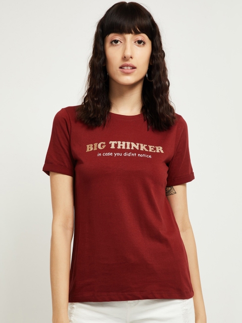 

max Women Burgundy Printed Round Neck T-shirt