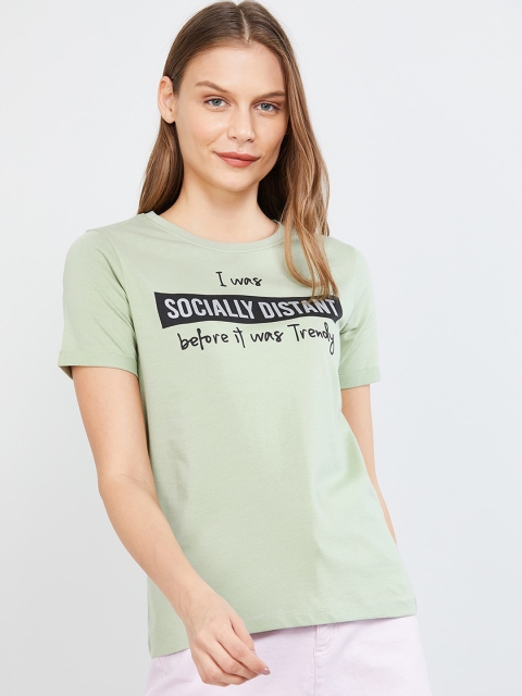

max Women Green Printed Round Neck T-shirt
