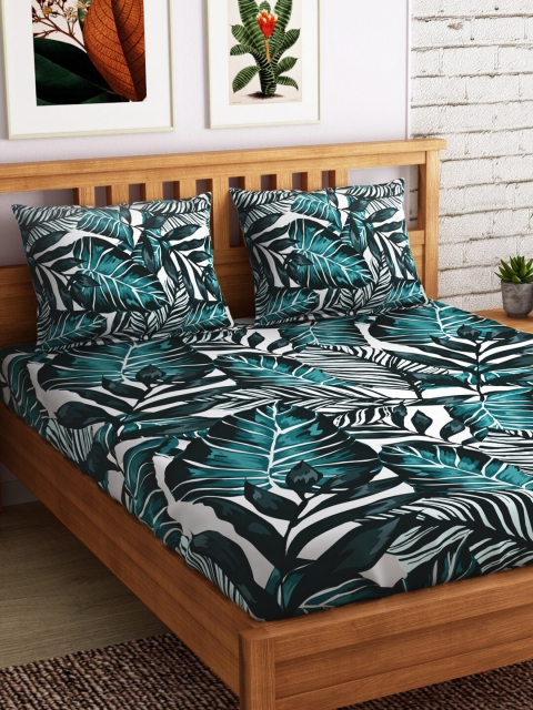 

PETAL HOME White & Green Floral 300 TC Cotton 1 Queen Bedsheet with 2 Pillow Covers